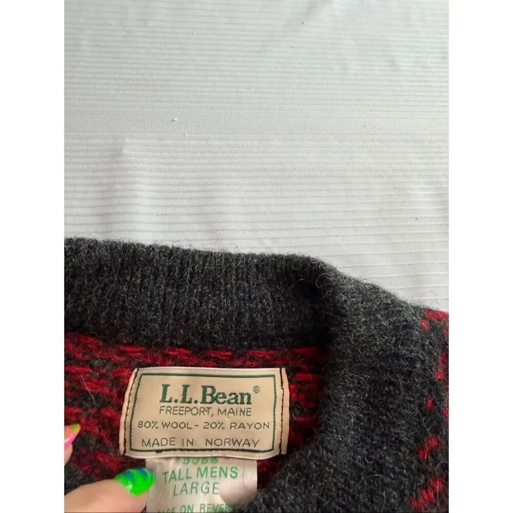 L.L. Bean VTG Wool Birdseye Heart Fisheye Norwegian Knit Sweater Size Tall Large